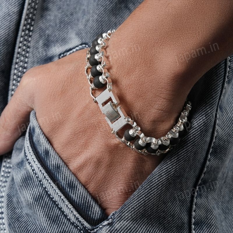 Silver Plated Karungali Modern Bracelet - Natural Ebony Wood