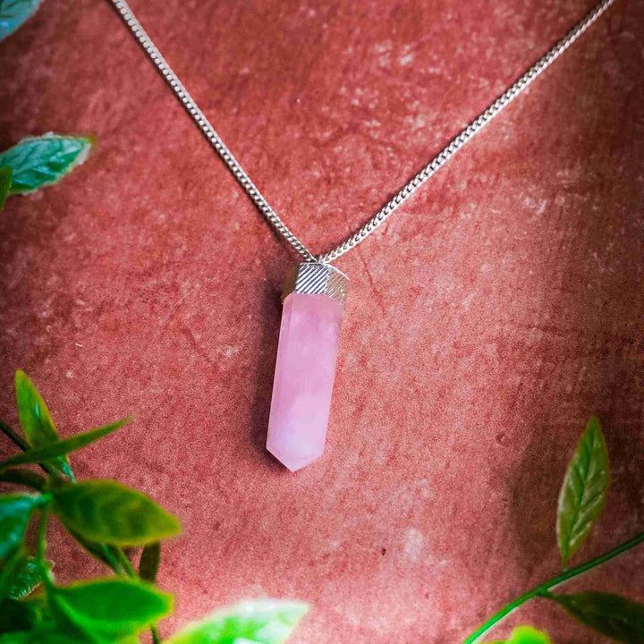 Silver Plated Rose Quartz Wand Necklace