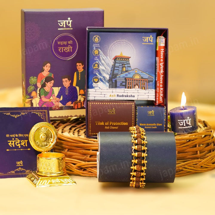 Gold Plated Modern Rudraksha Ki Rakhi - Complete Rakhi Hamper