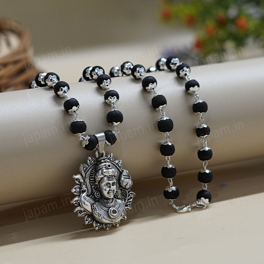 Silver Plated Karungali Vetri Necklace With Murugan Pendant
